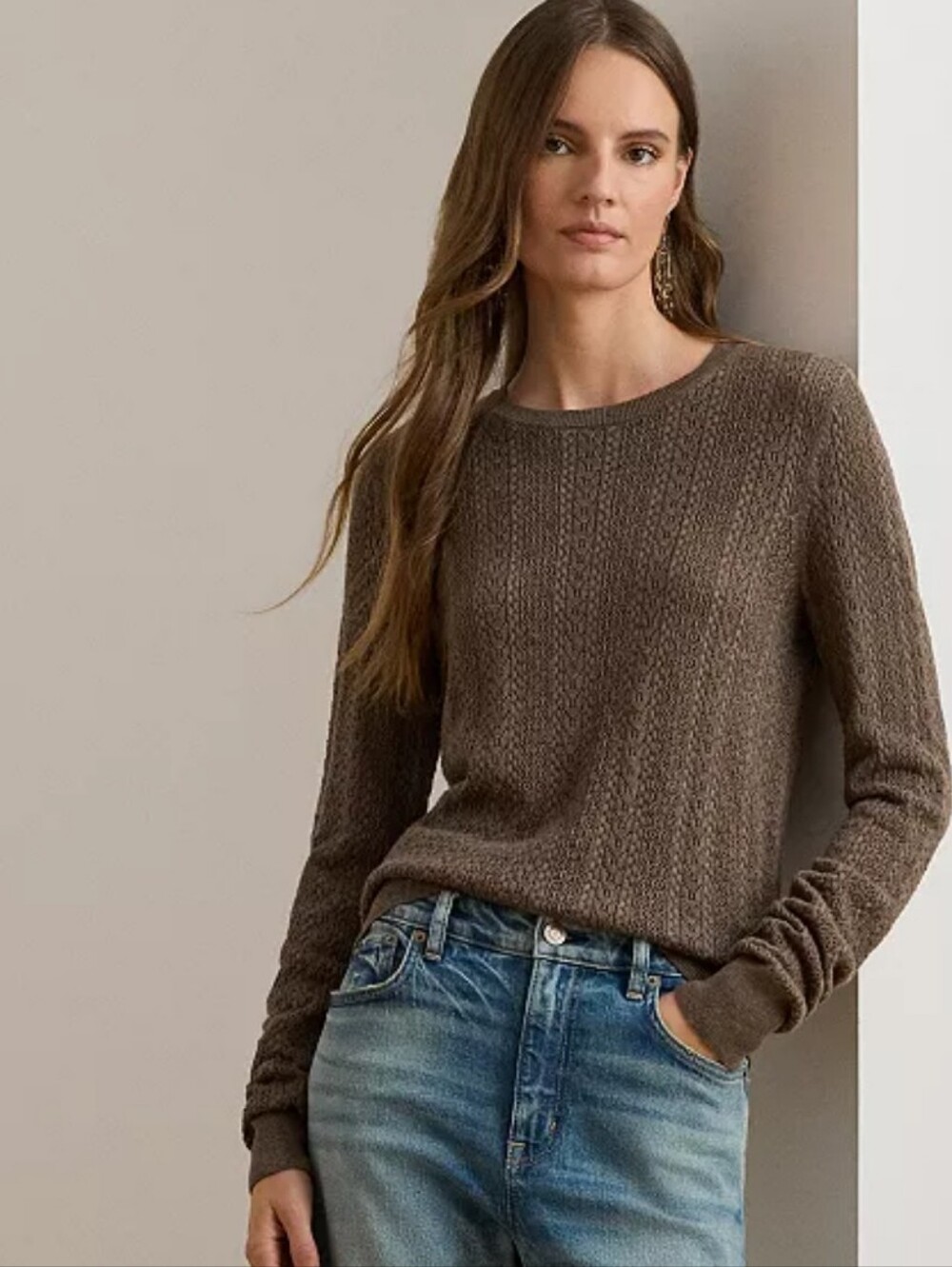 LAUREN RALF LAURE PETIT POINTELLE KNIT SLIM FIT SWEATER IN TAUPE BROWN /SZ:M /PM